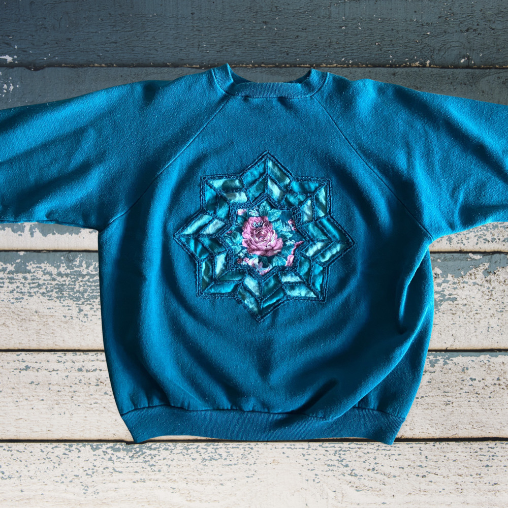 VTG 90s Floral Spider Web Crewneck Teal Sweater Size Large